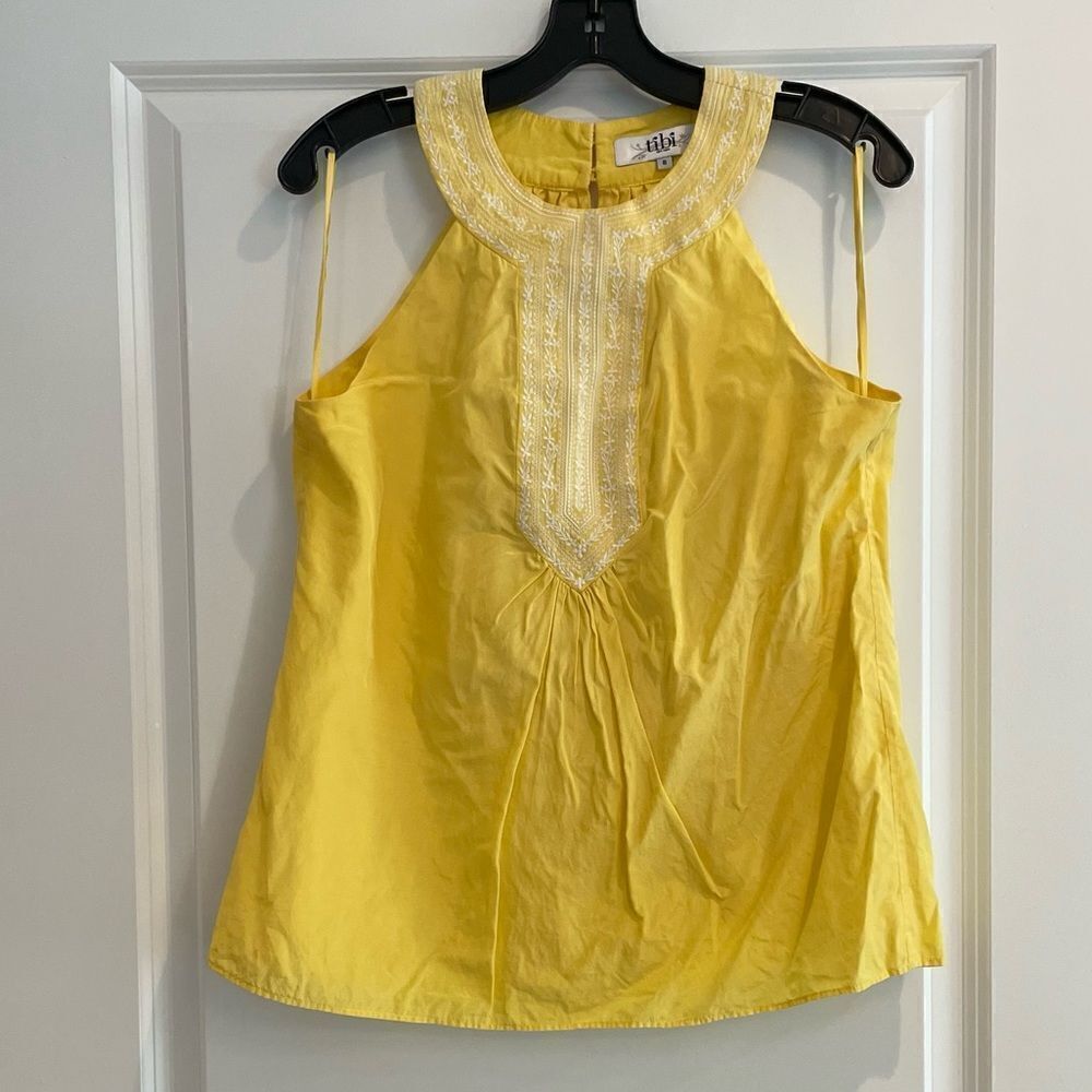 EUC TIBI Yellow Silk Halter Top Embroidered Sz. 8